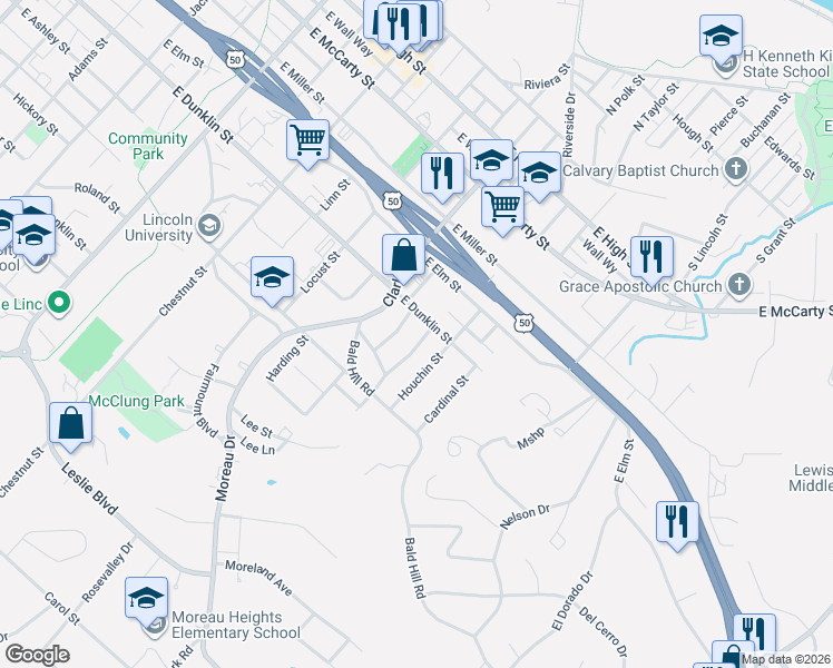 map of restaurants, bars, coffee shops, grocery stores, and more near 711 Hobbs Terrace in Jefferson City