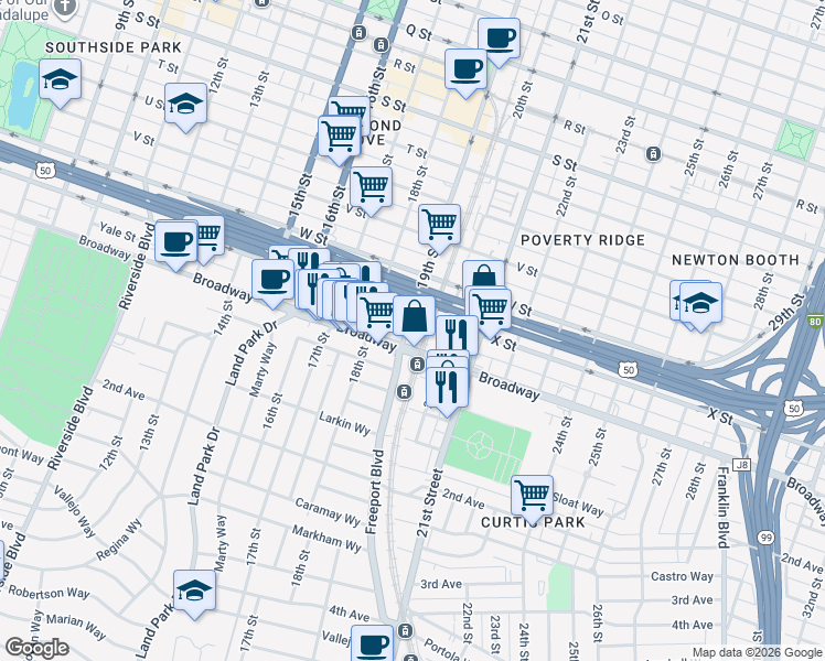 map of restaurants, bars, coffee shops, grocery stores, and more near 1901 Broadway in Sacramento