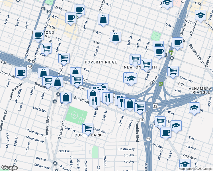 map of restaurants, bars, coffee shops, grocery stores, and more near 2403 W Street in Sacramento