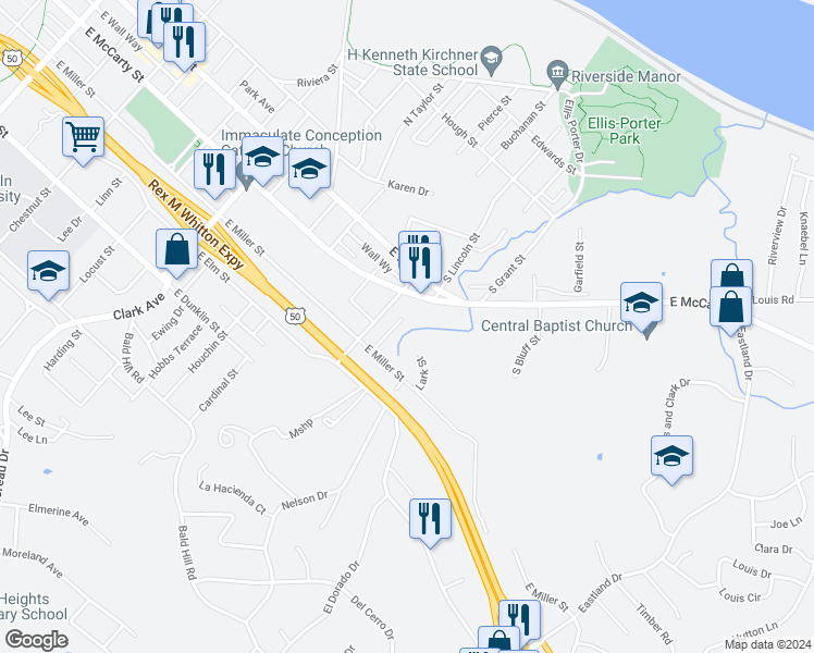 map of restaurants, bars, coffee shops, grocery stores, and more near 417 Christopher Place in Jefferson City