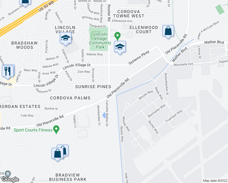 map of restaurants, bars, coffee shops, grocery stores, and more near Old Placerville Road & Routier Road in Sacramento