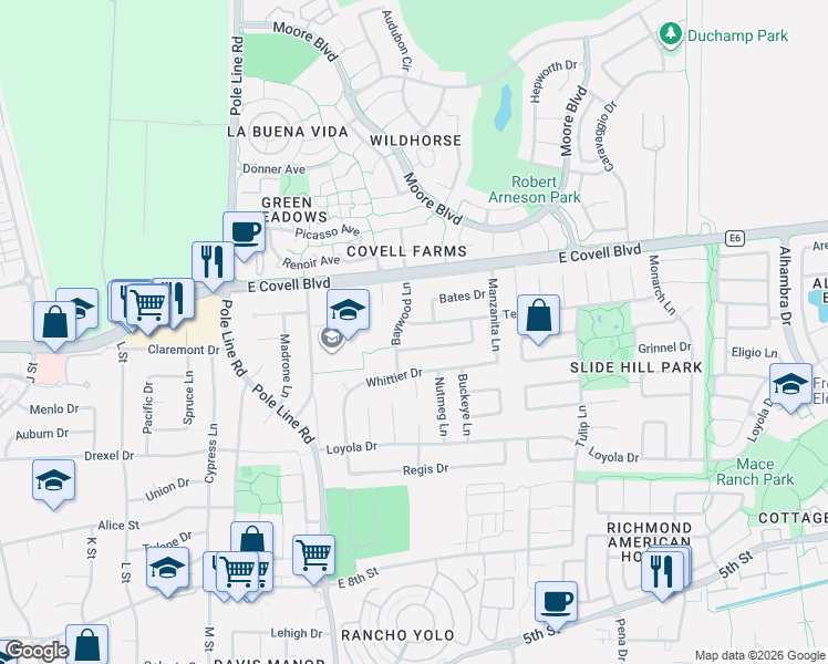 map of restaurants, bars, coffee shops, grocery stores, and more near 2324 Clemson Drive in Davis