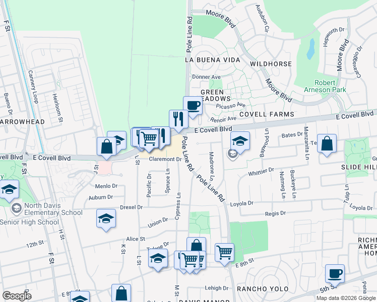 map of restaurants, bars, coffee shops, grocery stores, and more near 1619 Pole Line Road in Davis
