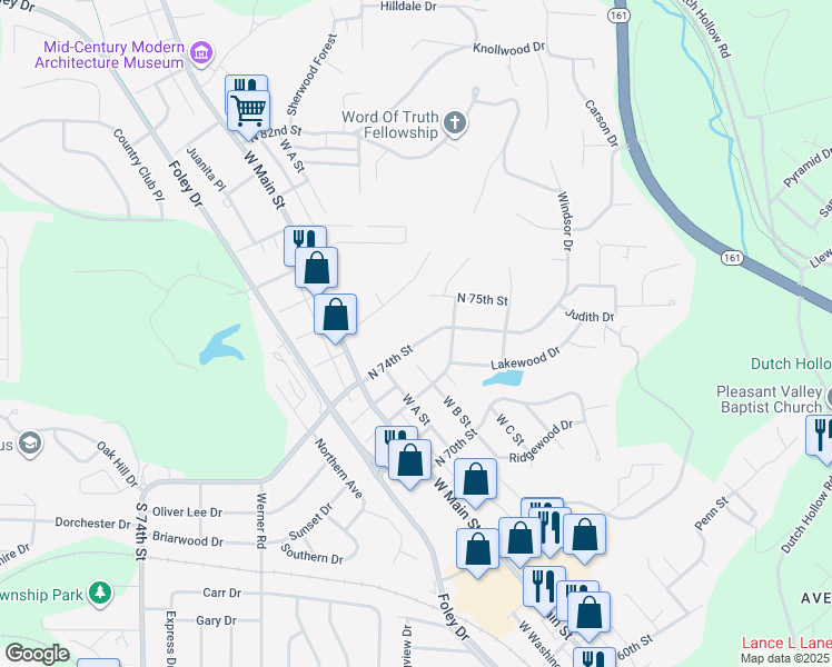 map of restaurants, bars, coffee shops, grocery stores, and more near 109 North 74th Street in Belleville