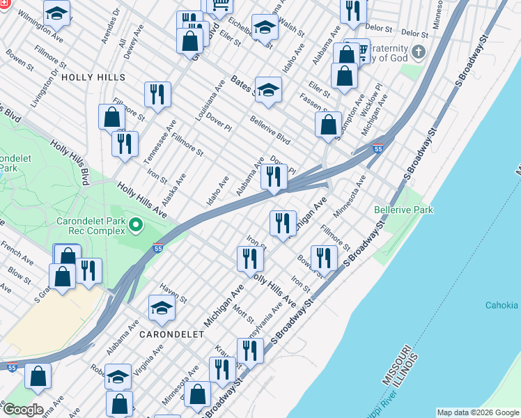 map of restaurants, bars, coffee shops, grocery stores, and more near 6137 Virginia Avenue in St. Louis
