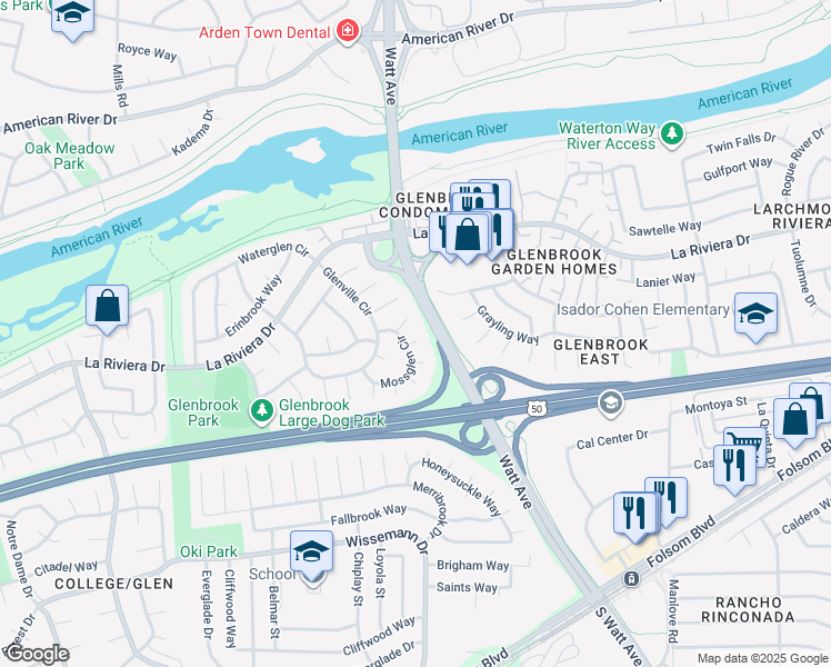 map of restaurants, bars, coffee shops, grocery stores, and more near 141 Mossglen Circle in Sacramento
