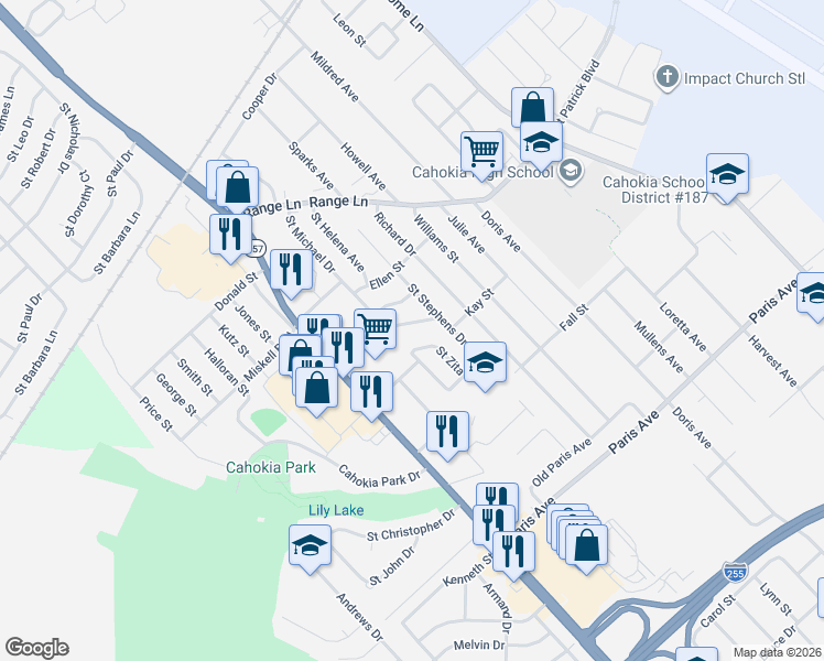 map of restaurants, bars, coffee shops, grocery stores, and more near 1312 Saint Zita in Cahokia