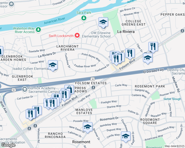 map of restaurants, bars, coffee shops, grocery stores, and more near 9130 Tuolumne Drive in Sacramento