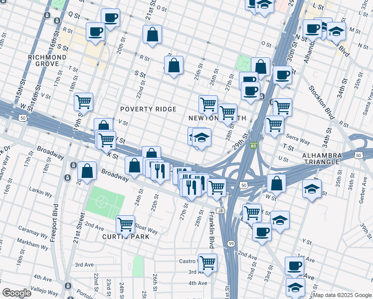 map of restaurants, bars, coffee shops, grocery stores, and more near 2600 V Street in Sacramento