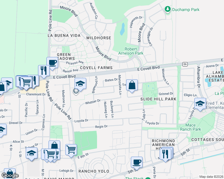 map of restaurants, bars, coffee shops, grocery stores, and more near 2426 Clemson Drive in Davis