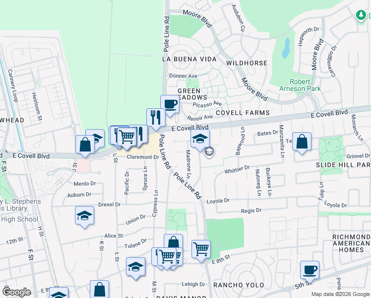 map of restaurants, bars, coffee shops, grocery stores, and more near 1415 Chestnut Place in Davis