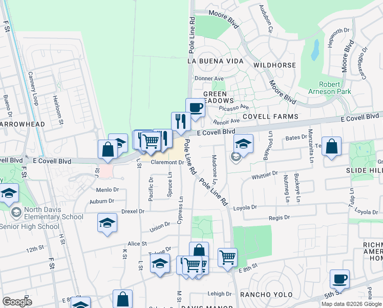 map of restaurants, bars, coffee shops, grocery stores, and more near 1619 Pole Line Road in Davis