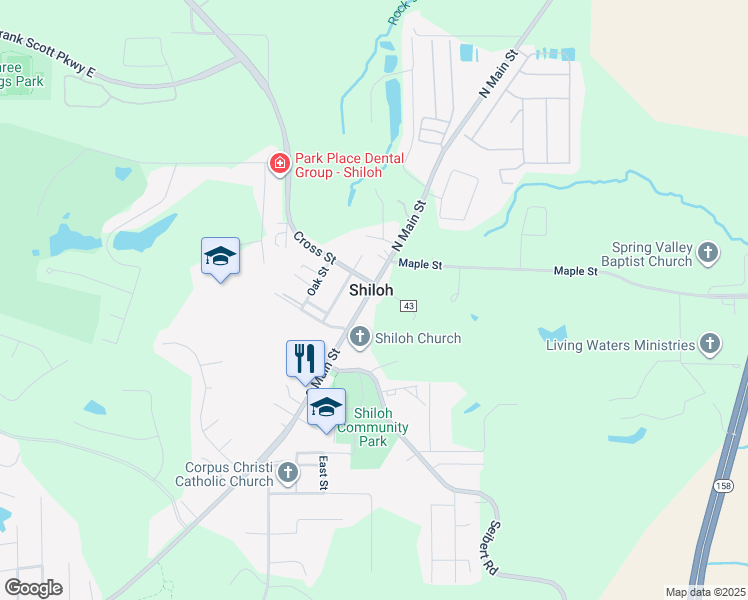 map of restaurants, bars, coffee shops, grocery stores, and more near 124 South Main Street in Shiloh