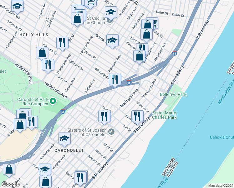 map of restaurants, bars, coffee shops, grocery stores, and more near 420 Fillmore Street in St. Louis