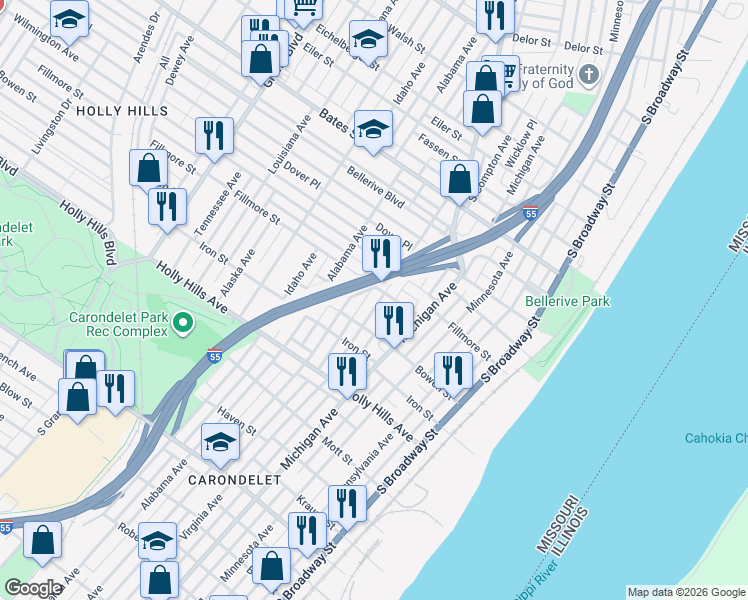 map of restaurants, bars, coffee shops, grocery stores, and more near 6137 Virginia Avenue in St. Louis