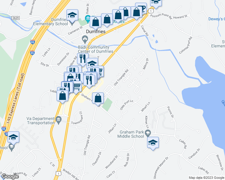 map of restaurants, bars, coffee shops, grocery stores, and more near 2900 Buell Court in Dumfries