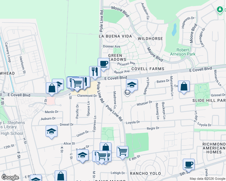 map of restaurants, bars, coffee shops, grocery stores, and more near 1415 Chestnut Place in Davis