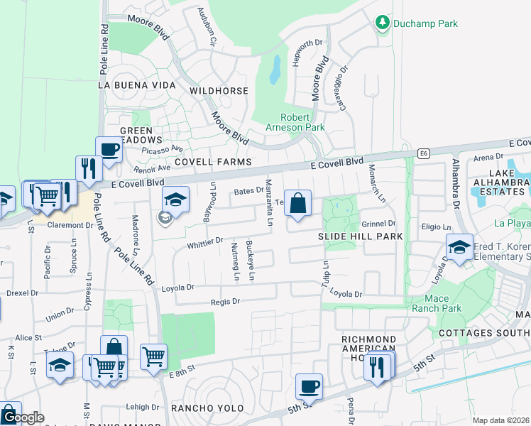 map of restaurants, bars, coffee shops, grocery stores, and more near 1518 Manzanita Lane in Davis