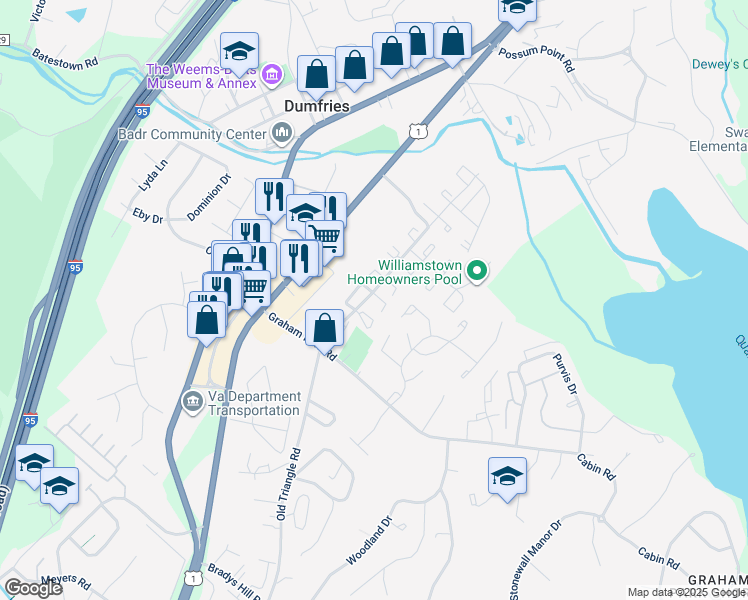 map of restaurants, bars, coffee shops, grocery stores, and more near 2900 Buell Court in Dumfries