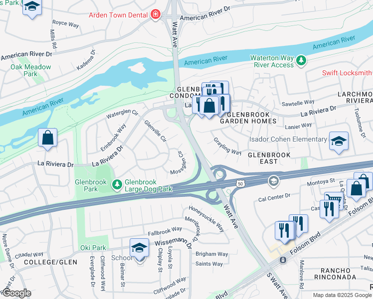 map of restaurants, bars, coffee shops, grocery stores, and more near 141 Mossglen Circle in Sacramento