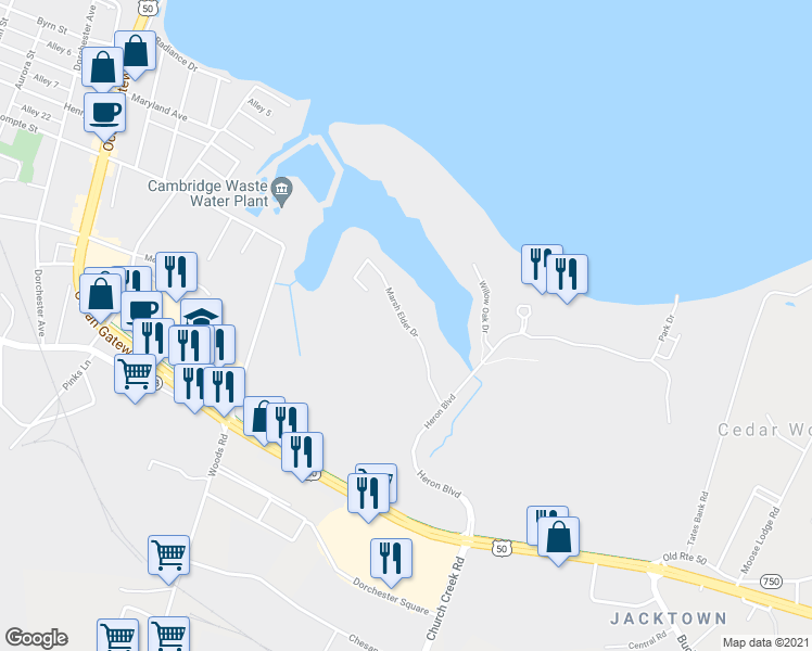 map of restaurants, bars, coffee shops, grocery stores, and more near Marsh Elder Drive in Cambridge