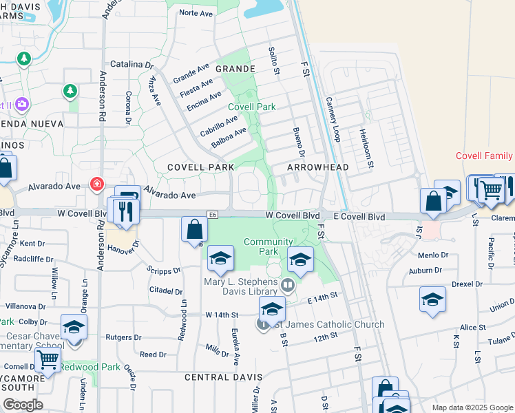 map of restaurants, bars, coffee shops, grocery stores, and more near 2050 Alta Loma Street in Davis