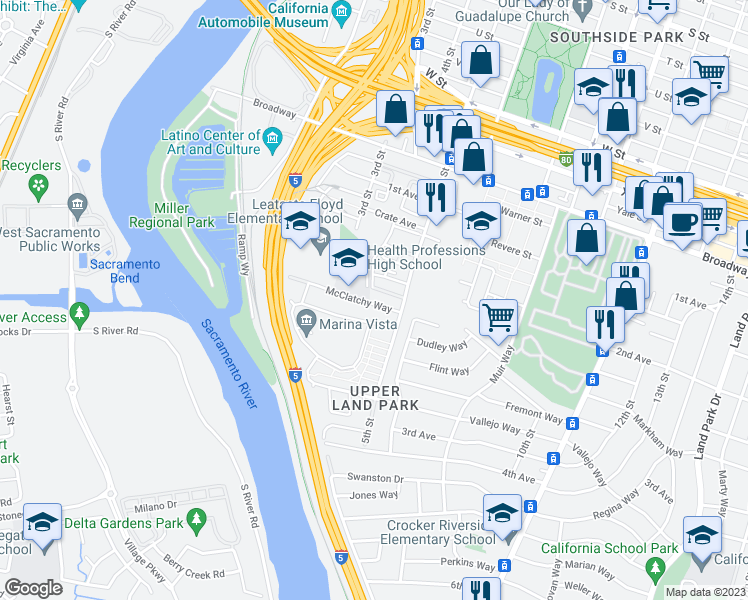 map of restaurants, bars, coffee shops, grocery stores, and more near 9 Seavey Circle in Sacramento