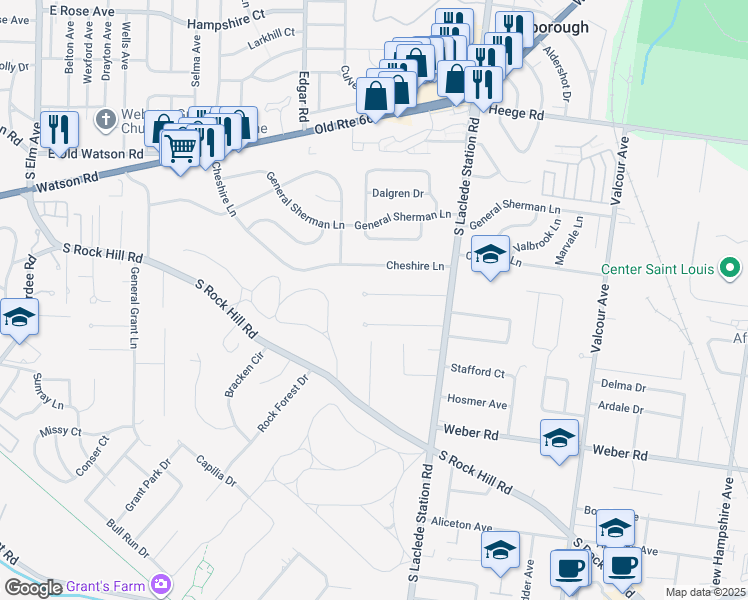 map of restaurants, bars, coffee shops, grocery stores, and more near 7371 Idamor Lane in Affton