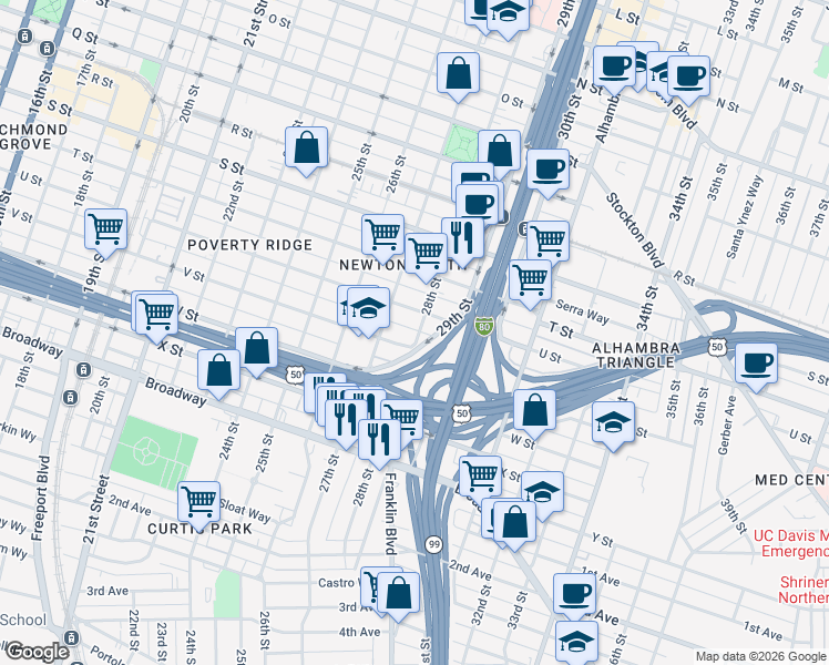 map of restaurants, bars, coffee shops, grocery stores, and more near 2121 28th Street in Sacramento