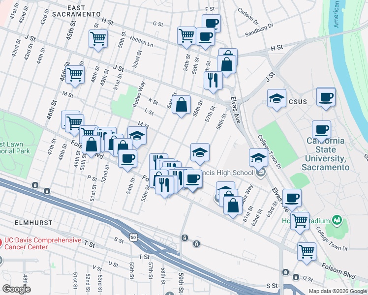 map of restaurants, bars, coffee shops, grocery stores, and more near 1345 56th Street in Sacramento