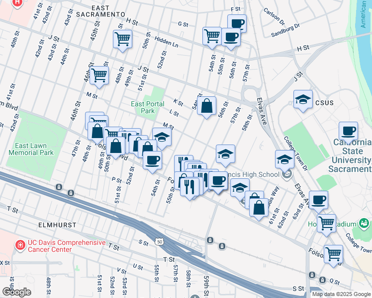 map of restaurants, bars, coffee shops, grocery stores, and more near 1368 55th Street in Sacramento