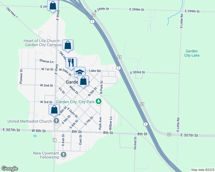 map of restaurants, bars, coffee shops, grocery stores, and more near 504 Old Highway 7 in Garden City