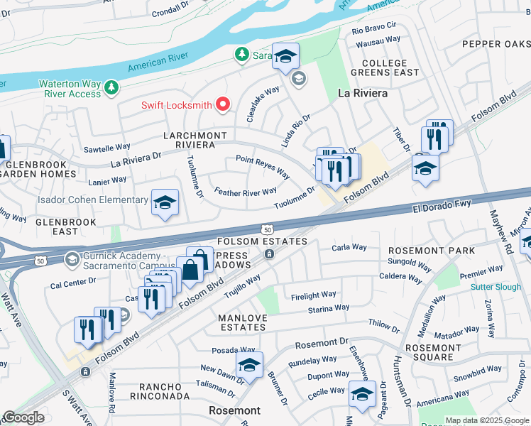 map of restaurants, bars, coffee shops, grocery stores, and more near 9130 Tuolumne Drive in Sacramento