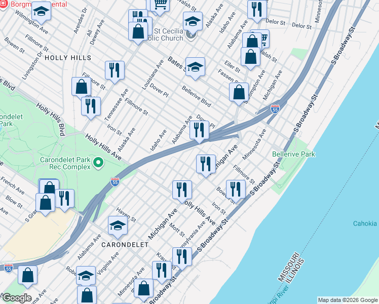 map of restaurants, bars, coffee shops, grocery stores, and more near 6137 Virginia Avenue in St. Louis