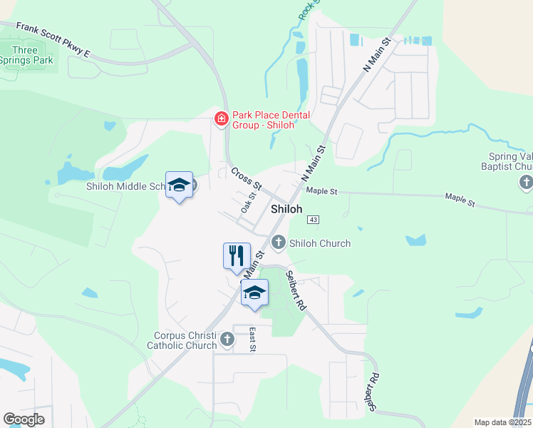 map of restaurants, bars, coffee shops, grocery stores, and more near 106 South High Street in Shiloh