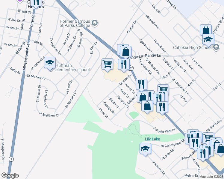 map of restaurants, bars, coffee shops, grocery stores, and more near 1150 Halloran Street in Cahokia