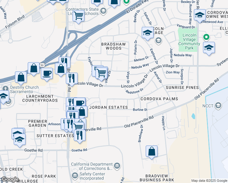 map of restaurants, bars, coffee shops, grocery stores, and more near 3556 Granby Drive in Sacramento