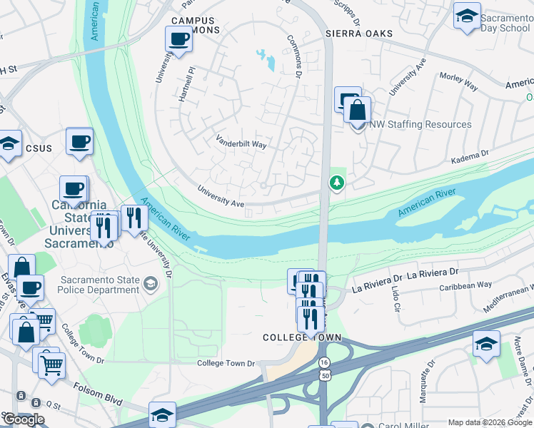map of restaurants, bars, coffee shops, grocery stores, and more near 1449 University Avenue in Sacramento