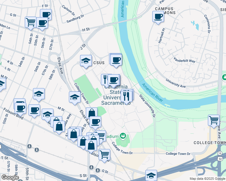 map of restaurants, bars, coffee shops, grocery stores, and more near in Sacramento