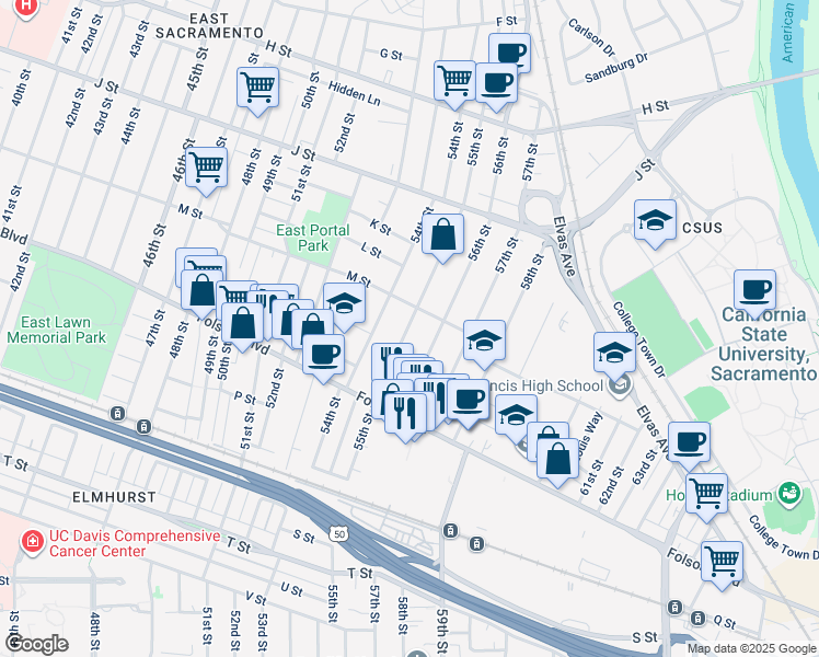 map of restaurants, bars, coffee shops, grocery stores, and more near 1368 55th Street in Sacramento