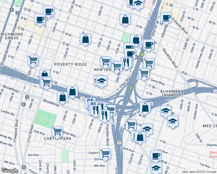 map of restaurants, bars, coffee shops, grocery stores, and more near 2710 V Street in Sacramento