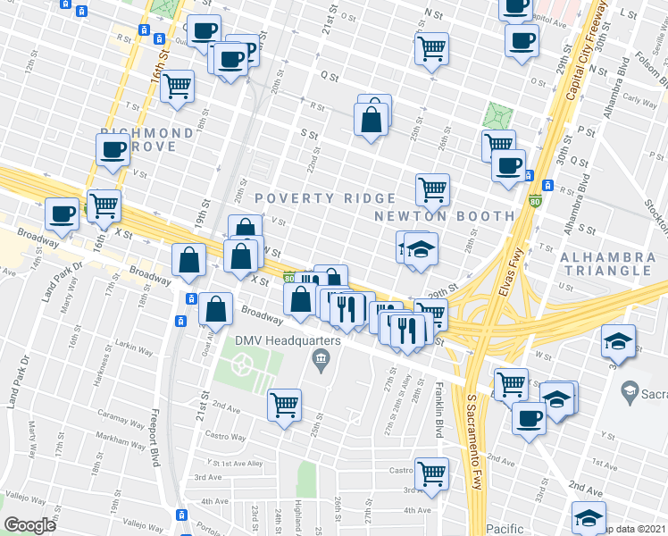 map of restaurants, bars, coffee shops, grocery stores, and more near 2403 W Street in Sacramento