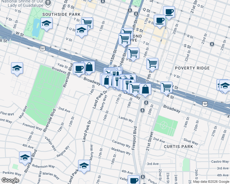 map of restaurants, bars, coffee shops, grocery stores, and more near 2567 16th Street in Sacramento