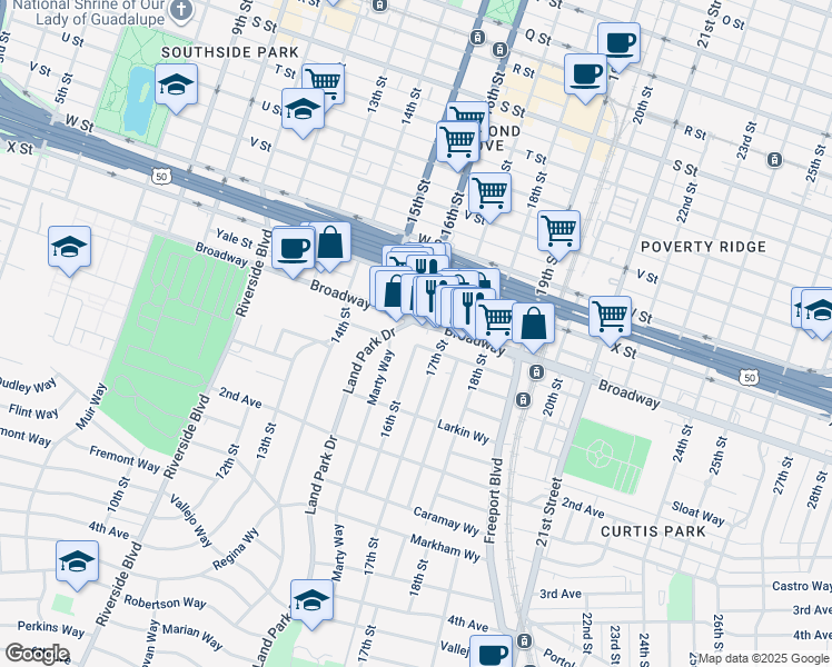 map of restaurants, bars, coffee shops, grocery stores, and more near 2567 16th Street in Sacramento