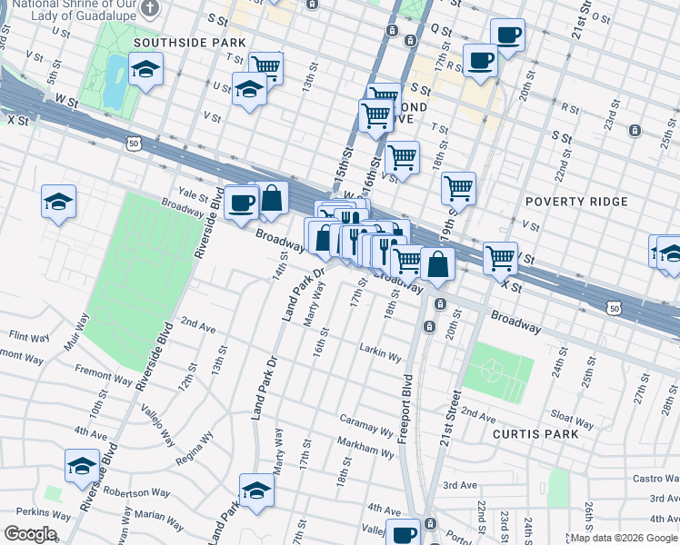 map of restaurants, bars, coffee shops, grocery stores, and more near 2567 16th Street in Sacramento