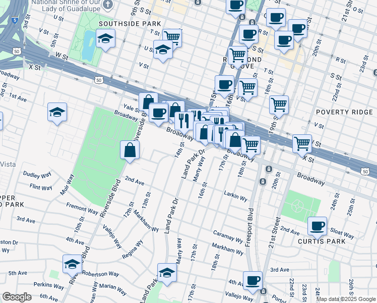 map of restaurants, bars, coffee shops, grocery stores, and more near 2575 Land Park Drive in Sacramento