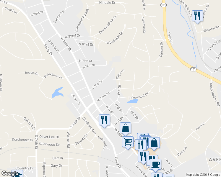 map of restaurants, bars, coffee shops, grocery stores, and more near 208 North 74th Street in Belleville