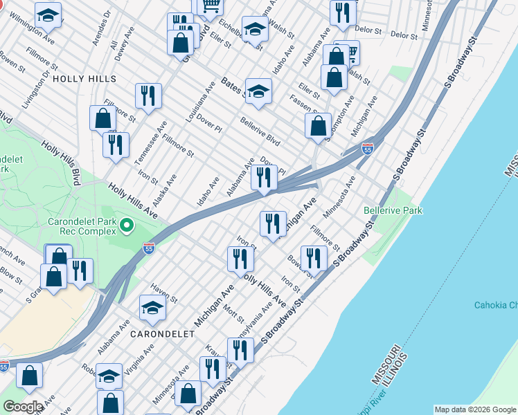 map of restaurants, bars, coffee shops, grocery stores, and more near 6137 Virginia Avenue in St. Louis
