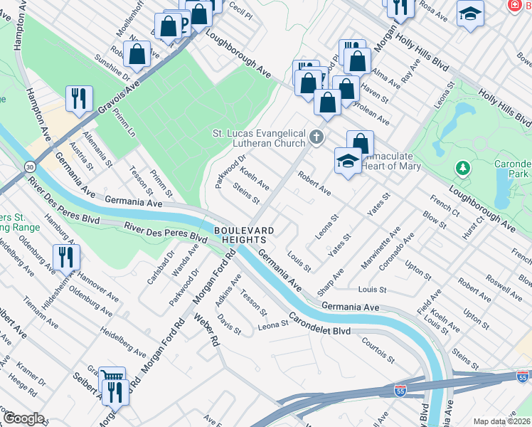 map of restaurants, bars, coffee shops, grocery stores, and more near 7500 Morgan Ford Road in St. Louis