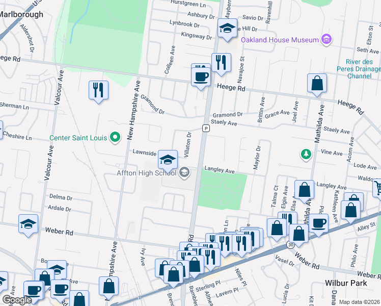 map of restaurants, bars, coffee shops, grocery stores, and more near 8242 Villaton Drive in Affton